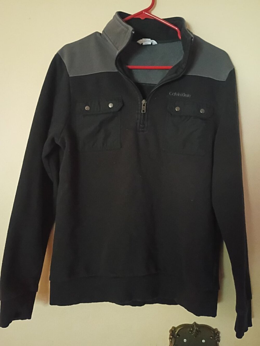 Calvin Klein Men's Small 1/4 Zip Pullover Sweatshirt Colorblock Flap Pockets Bla